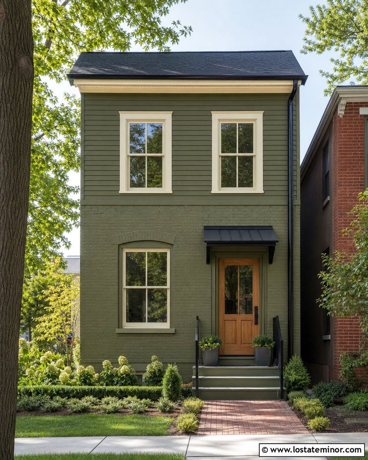 Olive Green Urban House With Painted Brick - 30 Olive Green House Design With Brick Accents Ideas