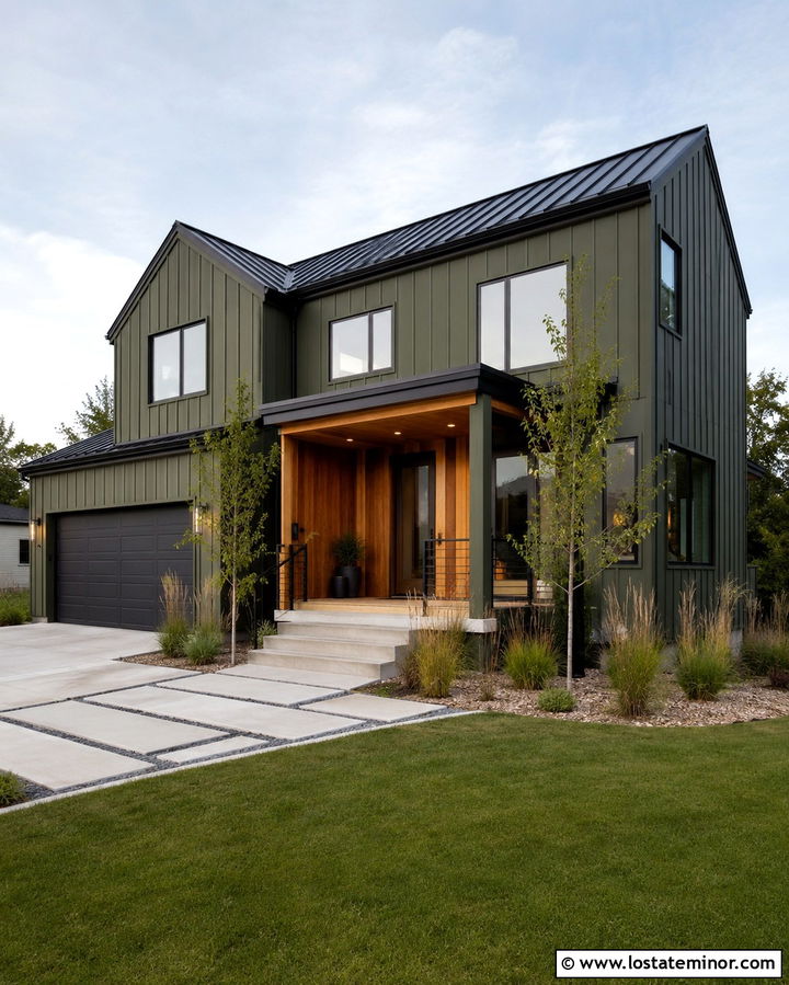 Olive Green Vertical Siding With Charcoal Window Frames - 30 Olive Green House Design With Window Frames Ideas