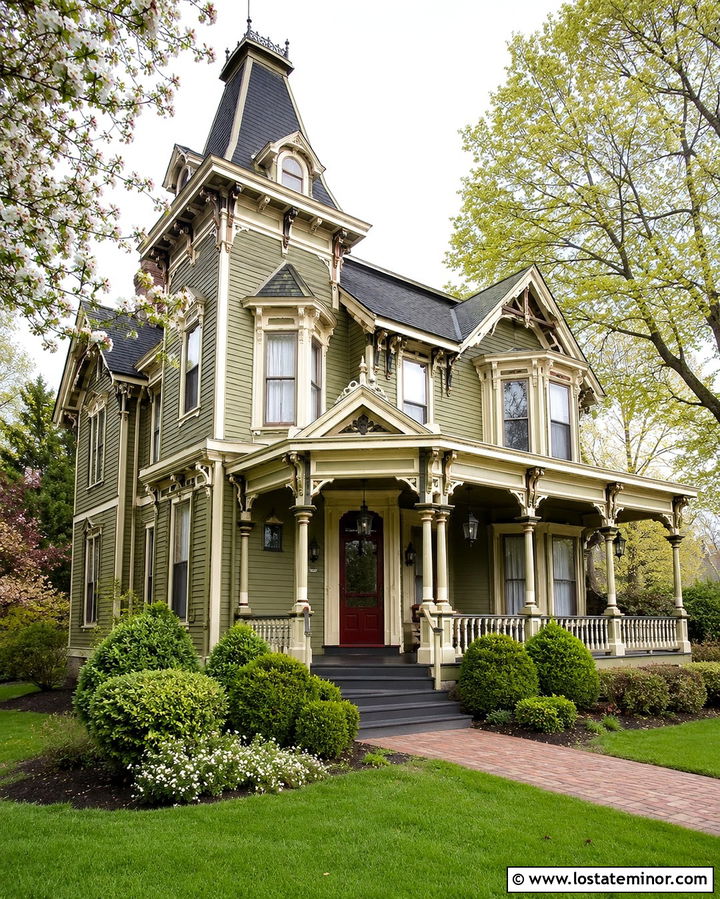 Olive Green Victorian House With Black Lanterns - 30 Olive Green House Design With Light Fixtures Ideas