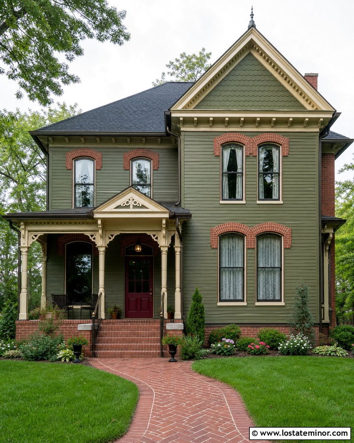 Olive Green Victorian House With Brick Window Trim - 30 Olive Green House Design With Brick Accents Ideas