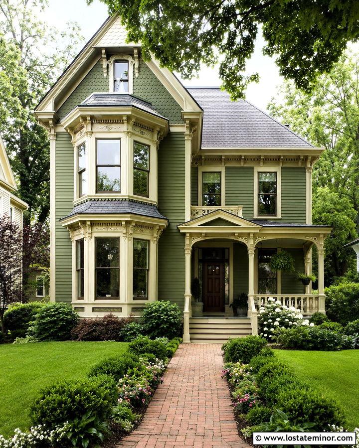 Olive Green Victorian House With Cream Bay Windows - 30 Olive Green House Design With Window Frames Ideas