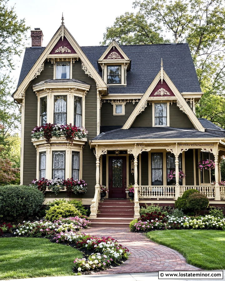 Olive Green Victorian House With Decorative Window Boxes - 30 Olive Green House Design With Window Boxes Ideas