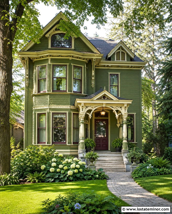 Olive Green Victorian House With Ornate Portico - 30 Olive Green House Design With Portico Ideas