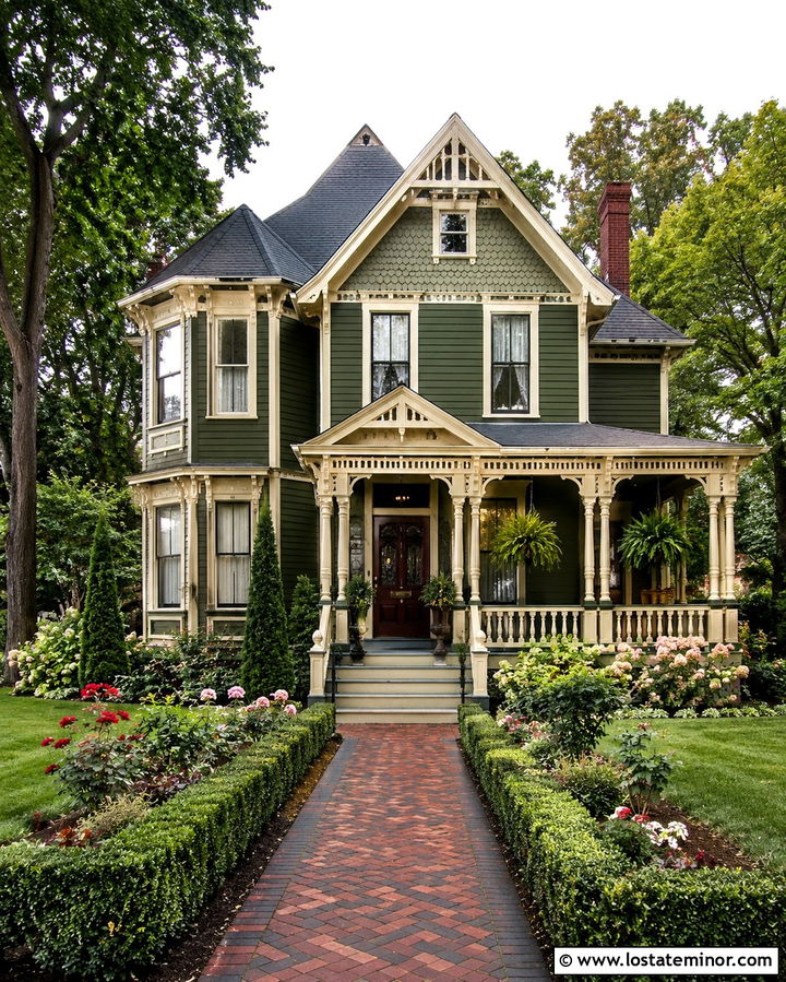 Olive Green Victorian House With Patterned Brick Walkway - 30 Olive Green House Design With Walkway Ideas