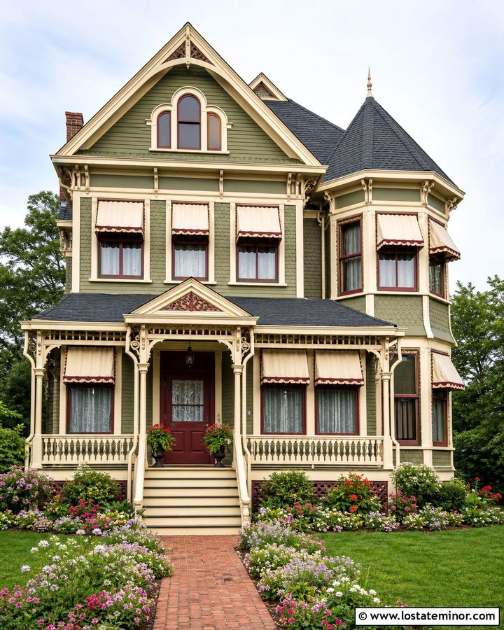 Olive Green Victorian House With Scalloped Awnings - 30 Olive Green House Design With Awning Ideas