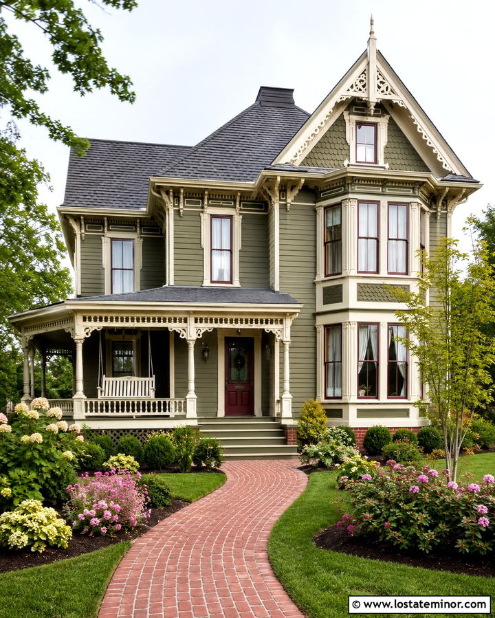 Olive Green Victorian House With Spindle Swing - 30 Olive Green House Design With Swing Ideas