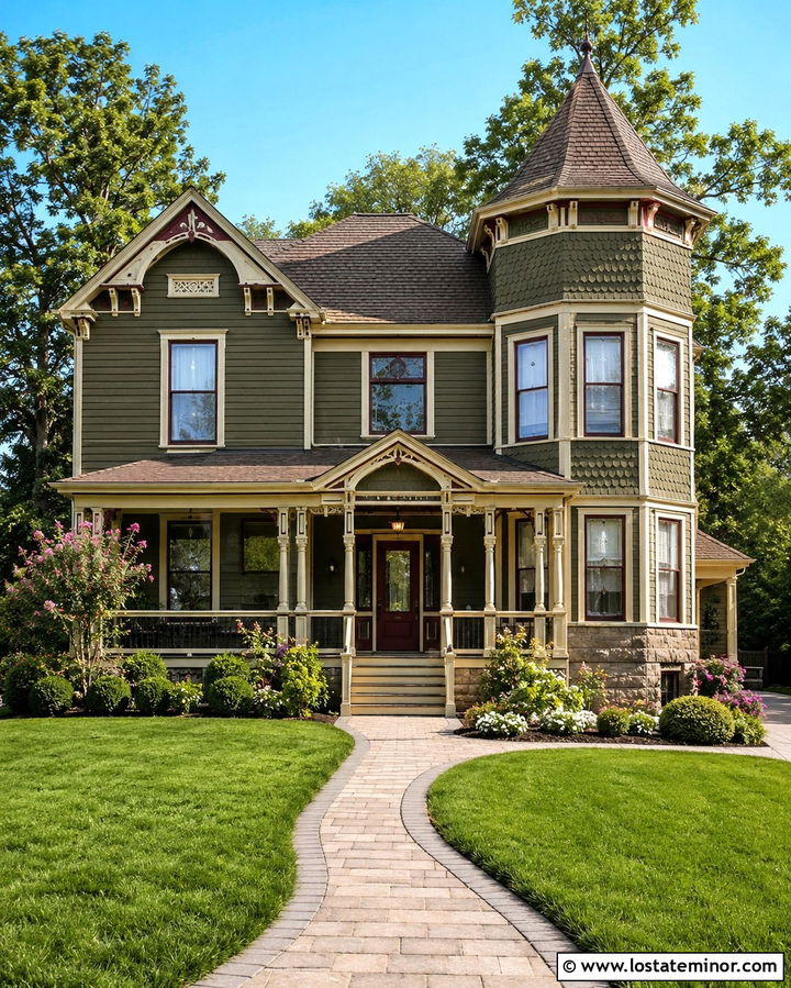 Olive Green Victorian House With Stone Foundation - 30 Olive Green House Design With Stone Accents Ideas