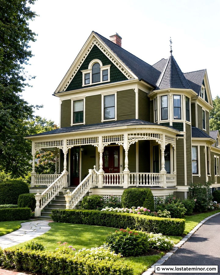 Olive Green Victorian House With White Railings - 30 Olive Green House Design With Railings Ideas