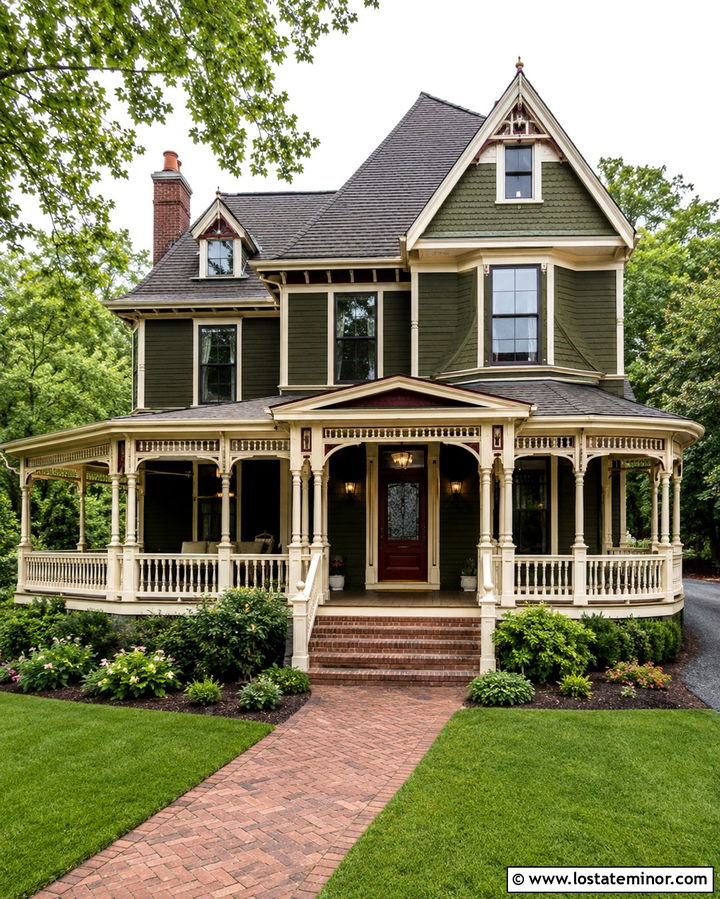 Olive Green Victorian House With Wraparound Porch - 30 Olive Green House Design With Front Porch Ideas