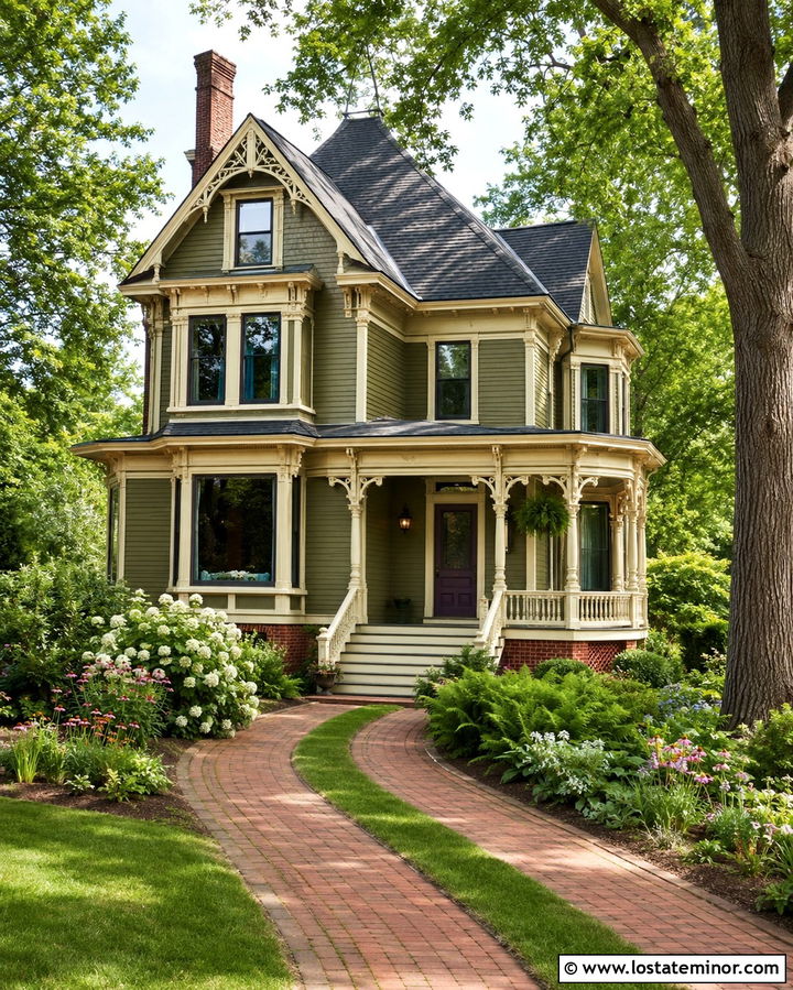 Olive Green Victorian With Brick Ribbon Driveway - 30 Olive Green House Design With Driveway Ideas