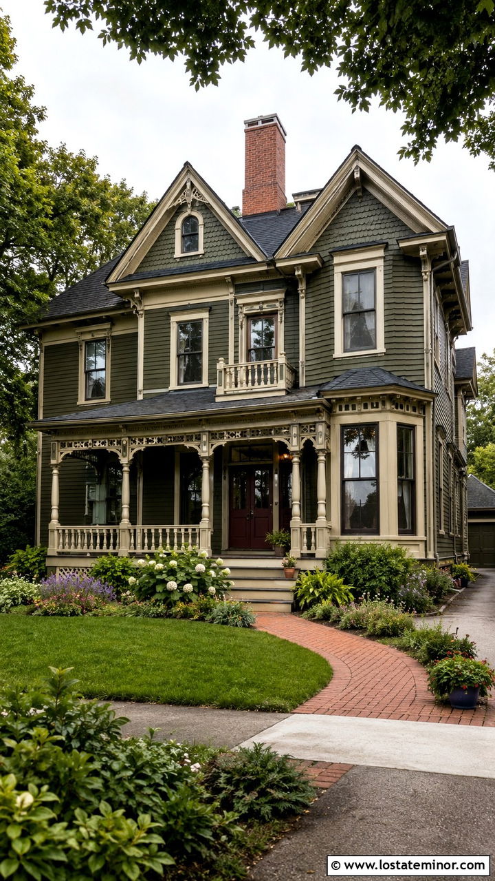 Olive Green Victorian With Burgundy Door - 30 Olive Green House Design With Chimney Ideas