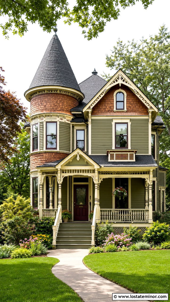 Olive Green Victorian With Cedar Shake Details - 30 Olive Green House Design With Cedar Shake Ideas
