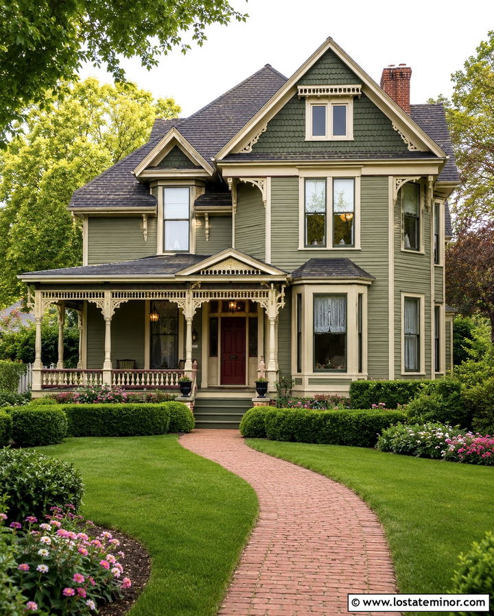 Olive Green Victorian With Decorative Gables - 30 Olive Green House Design With Gables Ideas