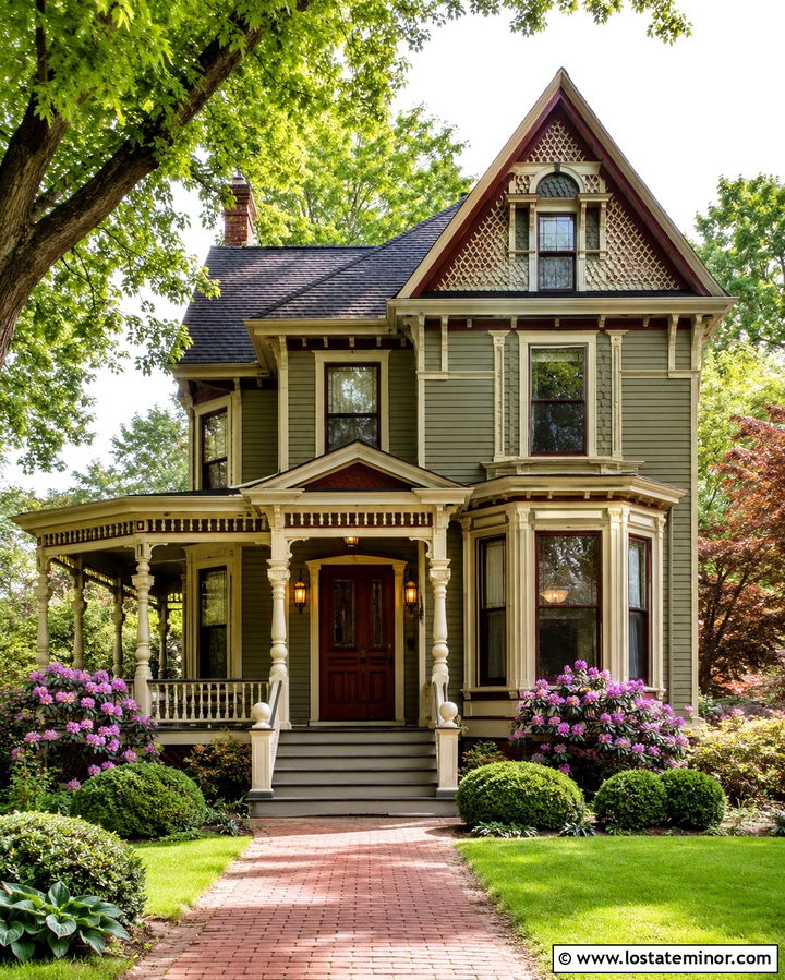 Olive Green Victorian With Decorative Porch Columns - 30 Olive Green House Design With Porch Columns Ideas