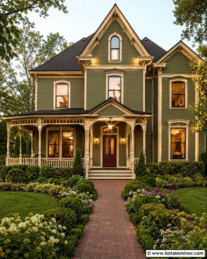 Olive Green Victorian With Decorative Sconces - 30 Olive Green House Design With Lighting Ideas