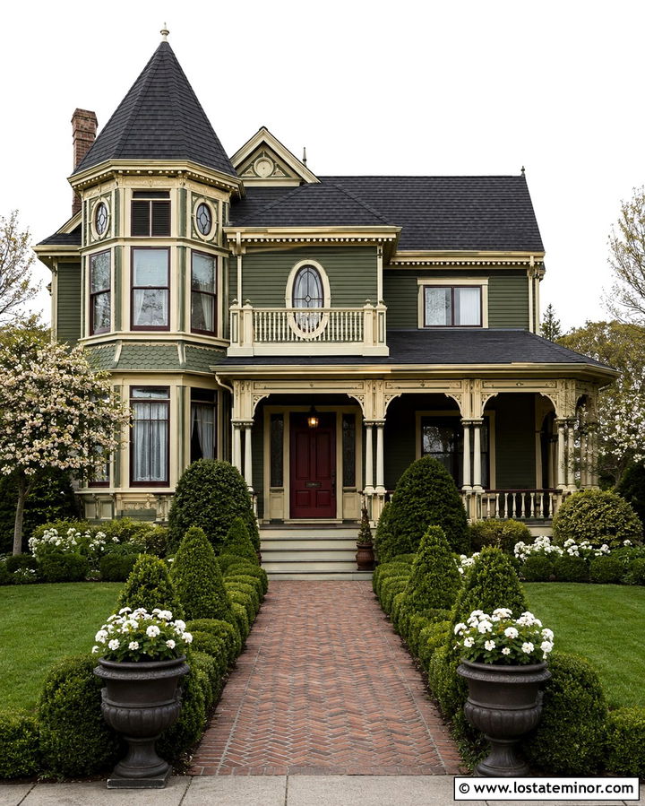 Olive Green Victorian With Formal Landscaping - 30 Olive Green House Design With Landscaping Ideas