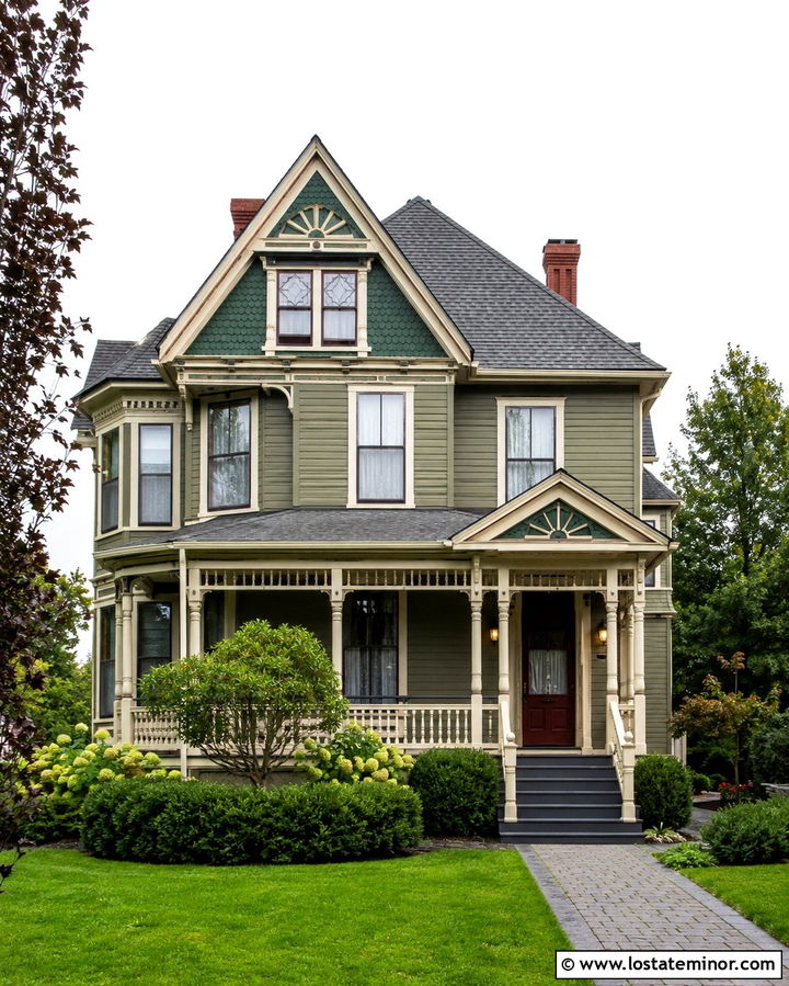 Olive Green Victorian With Painted Porch Steps - 30 Olive Green House Design With Steps Ideas