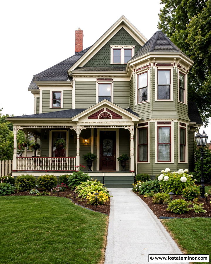 Olive Green Victorian With Scalloped Shingles - 30 Olive Green House Design With Shingles Ideas