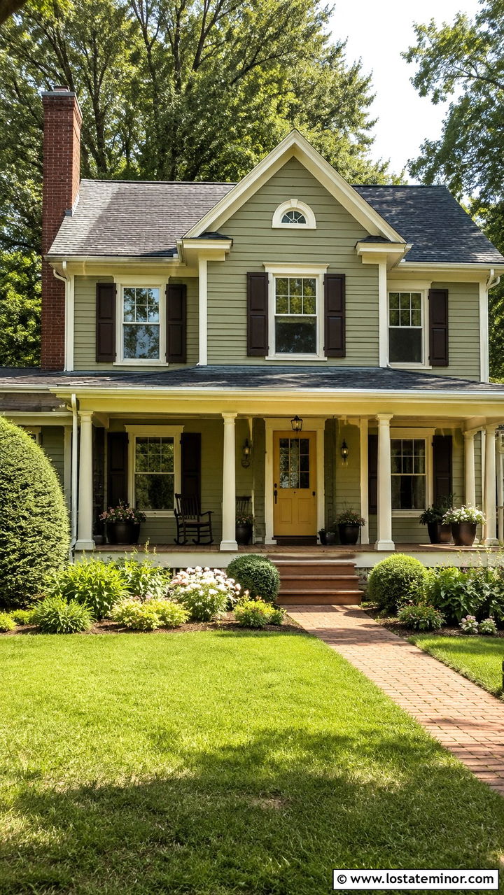 Olive Green Vintage House With Mustard Door - 30 Olive Green House Design With Chimney Ideas