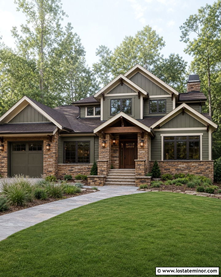 Olive Siding And Warm Stone House - 30 Stone House Design With Siding Ideas