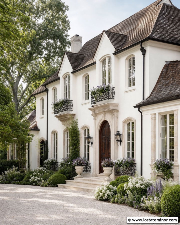 Oyster White French Country With Iron Window Boxes - 30 Warm White House Design With Window Boxes Ideas