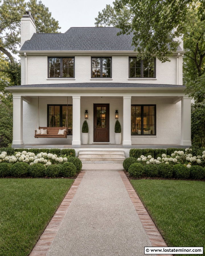 Painted White Brick House With Cedar Swing - 30 White House Design With Swing Ideas