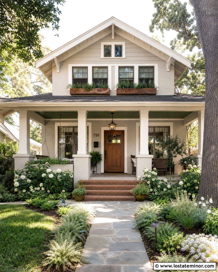 Pale Greige Bungalow With Copper Window Boxes - 30 Greige House Design With Window Boxes Ideas