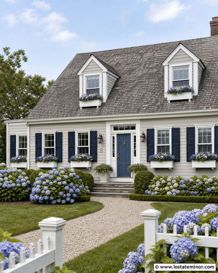 Pale Greige Cape Cod With White Window Boxes - 30 Greige House Design With Window Boxes Ideas