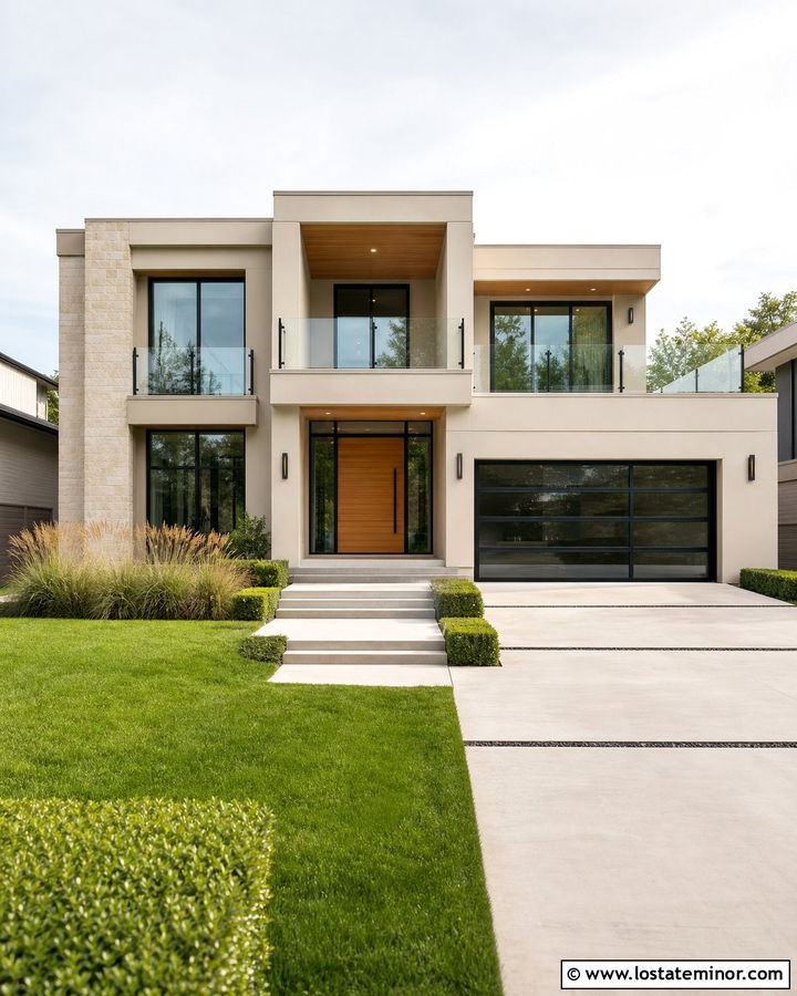 Pale Greige House With Glass Railings - 30 Greige House Design With Railings Ideas