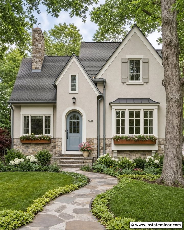 Pale Oak House With Natural Stone Foundation - 30 Greige House Design With Stone Accents Ideas
