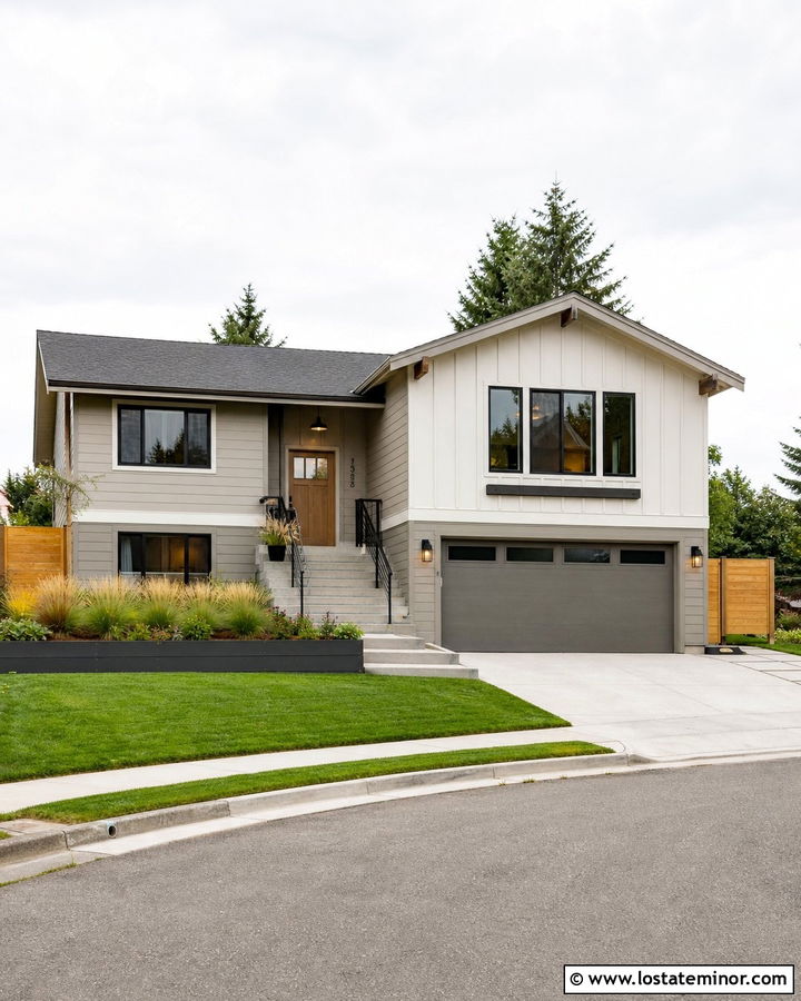 Pale Oak Split Level With Warm Gray Garage Door - 30 Beige House Design With Garage Door Ideas
