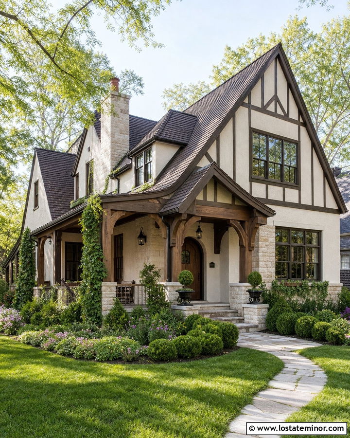 Pale Oak Tudor With Timber Porch - 30 Warm White House Design With Front Porch Ideas