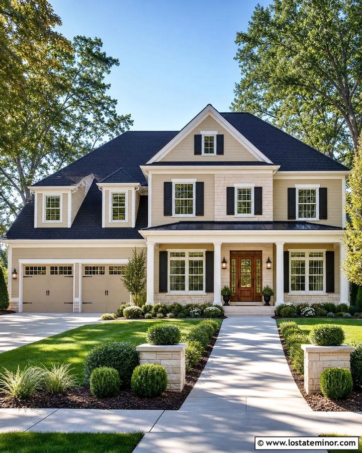 Pale Tan House With Black Shingles And White Trim - 30 Tan House Design With Shingles Ideas