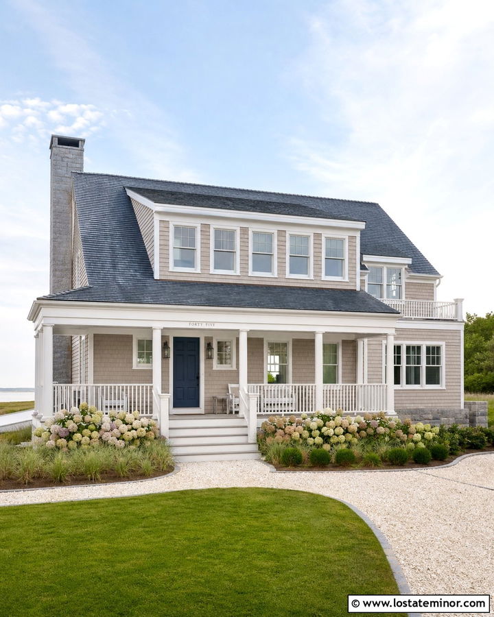 Pale Taupe Coastal House With Nantucket Dormer - 30 Taupe House Design With Dormers Ideas