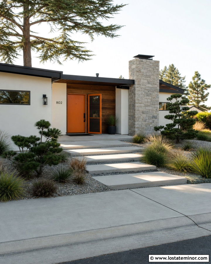 Panda White Midcentury House With Orange Screen Door - 30 Warm White House Design With Screen Door Ideas