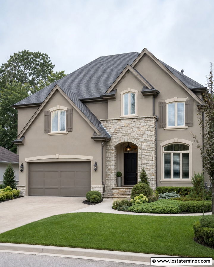 Pashmina House With Taupe Garage Door - 30 Beige House Design With Garage Door Ideas