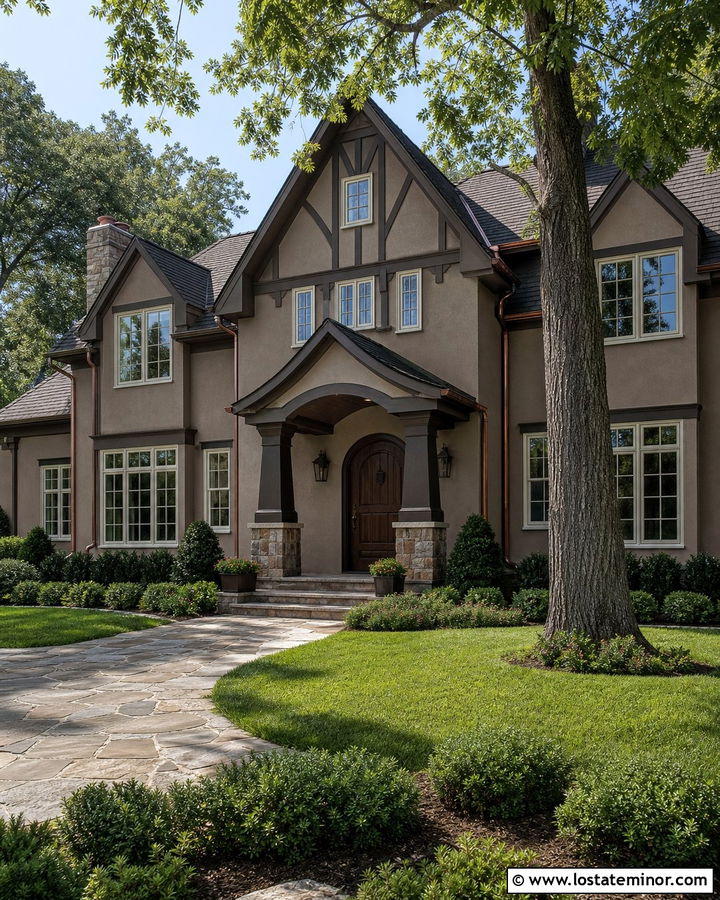 Pashmina Tudor With Dark Brown Porch Columns - 30 Taupe House Design With Porch Columns Ideas