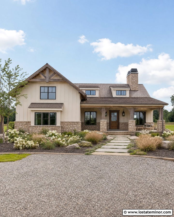 Patience Farmhouse With Warm Ledgestone - 30 Beige House Design With Stone Accents Ideas