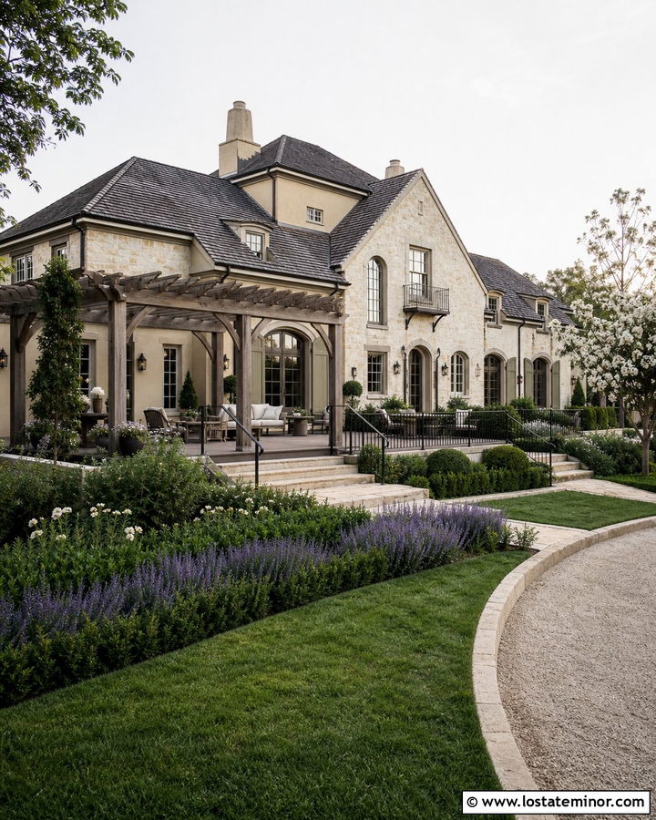 Pavilion Beige French Country House With Stone Deck - 30 Beige House Design With Deck Ideas