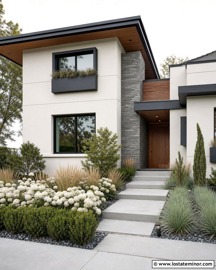 Pearly White Contemporary House With Charcoal Window Boxes - 30 Warm White House Design With Window Boxes Ideas