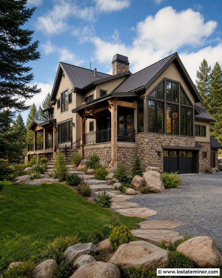 Pebble Tan Mountain House With Metal Roof Sunroom - 30 Tan House Design With Sunroom Ideas