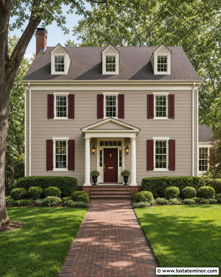 Pediment Greige House With Burgundy Trim - 30 Greige House Design With Trim Ideas