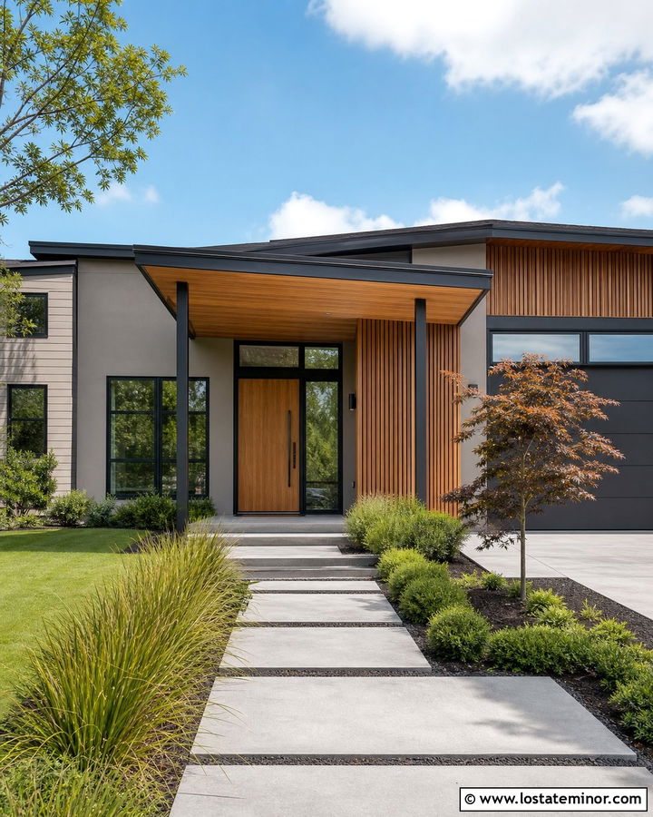 Perfect Greige Modern House With Slender Steel Porch Columns - 30 Taupe House Design With Porch Columns Ideas