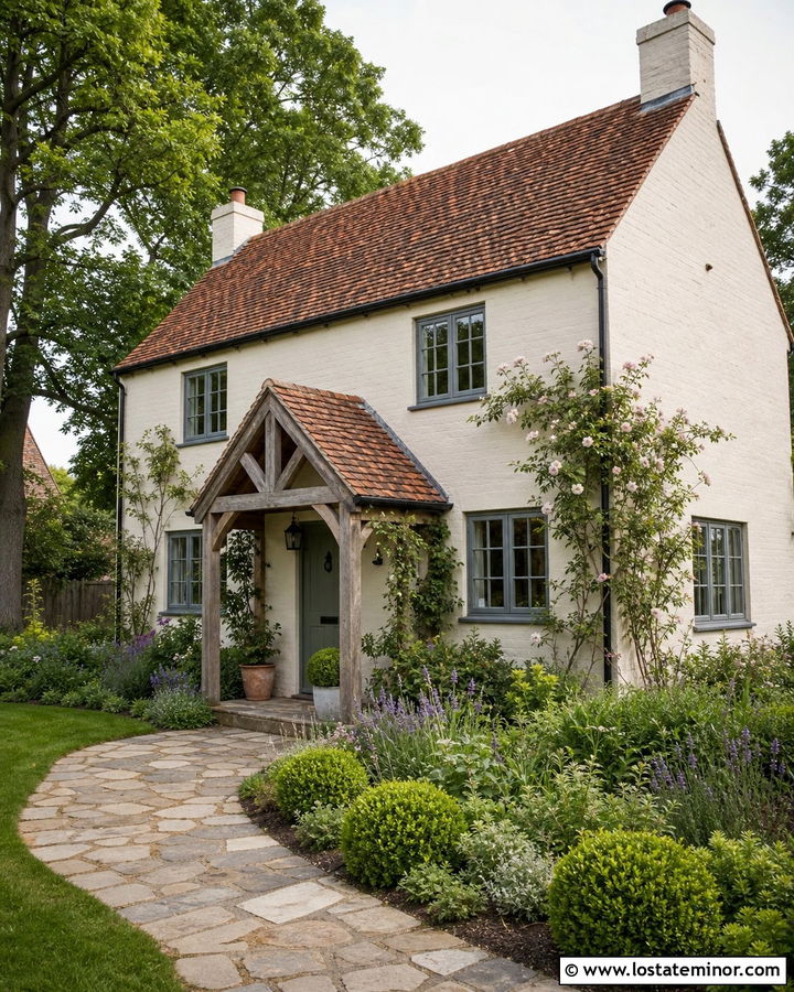 Pointing Cottage With English Porch - 30 Warm White House Design With Front Porch Ideas