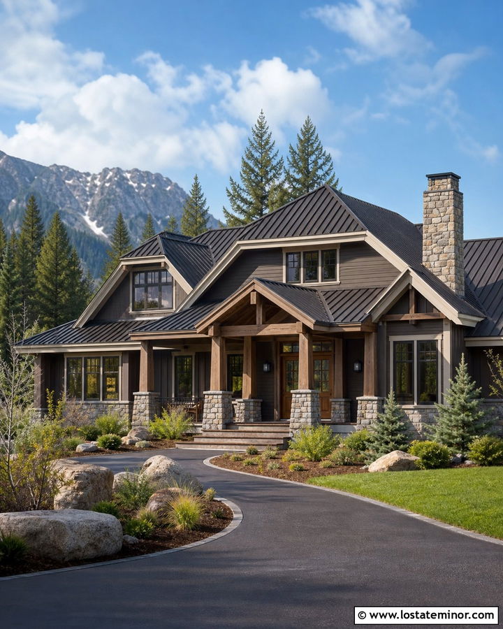 Porpoise Mountain House With Stone And Timber Porch Columns - 30 Taupe House Design With Porch Columns Ideas