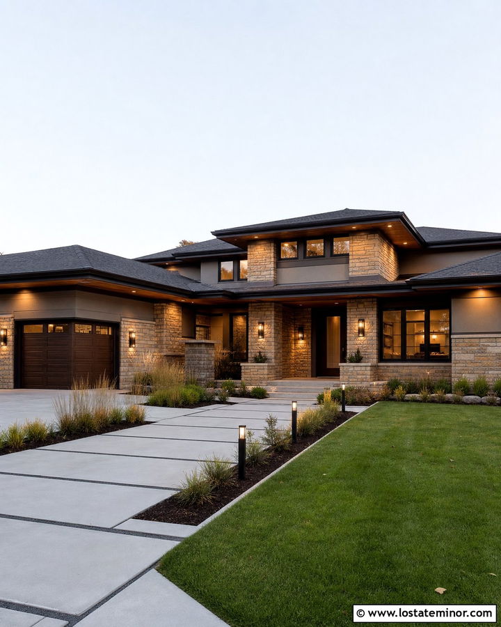 Prairie Stone House With Geometric Lights - 30 Stone House Design With Light Fixtures Ideas