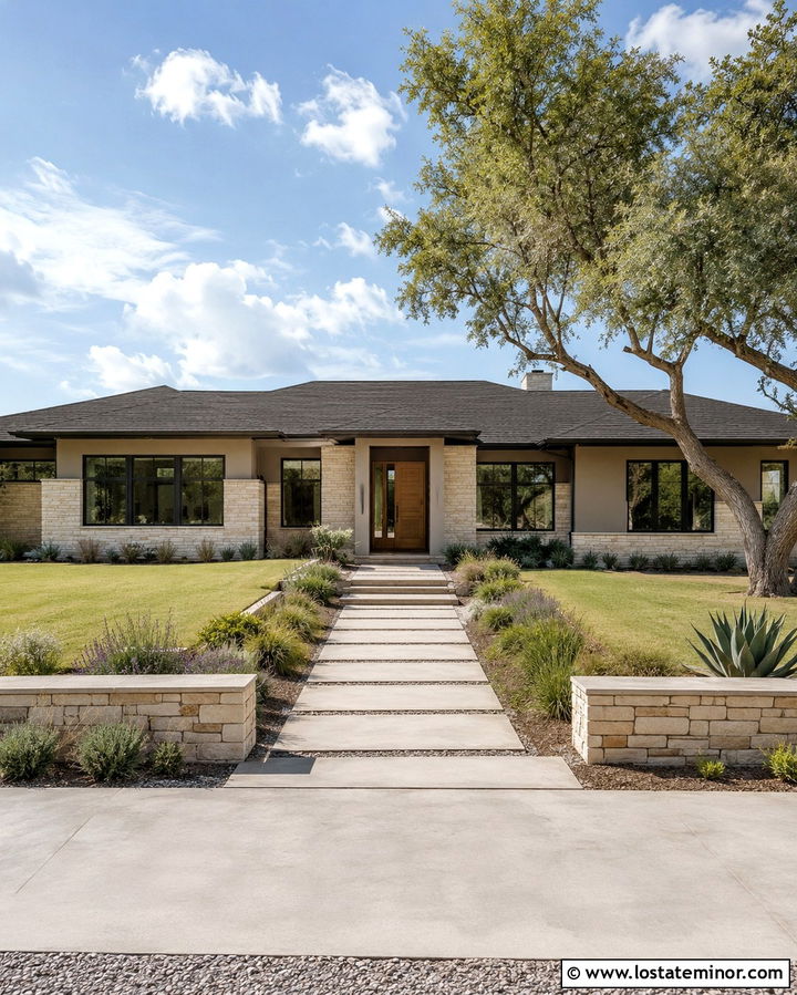Prairie Stone House With Horizontal Landscaping - 30 Stone House Design With Front Yard Ideas