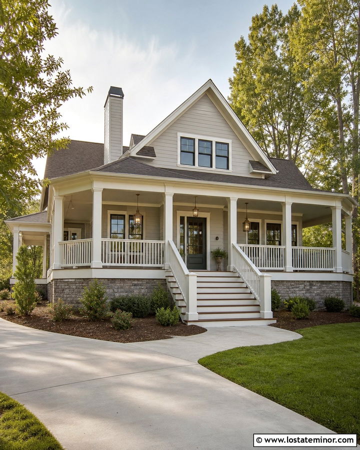 Raised Light Gray House With Wraparound Porch Steps - 30 Light Grey House Design With Steps Ideas