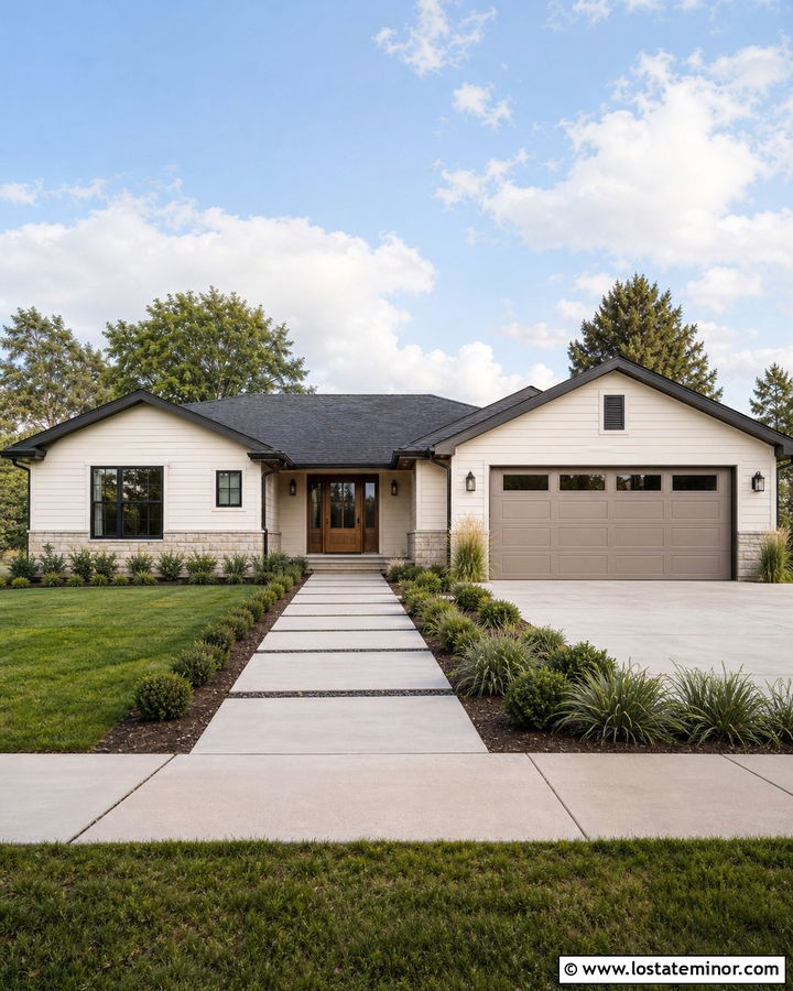 Ranch Off White House With Garage Door - 30 Off White House Design With Garage Door Ideas