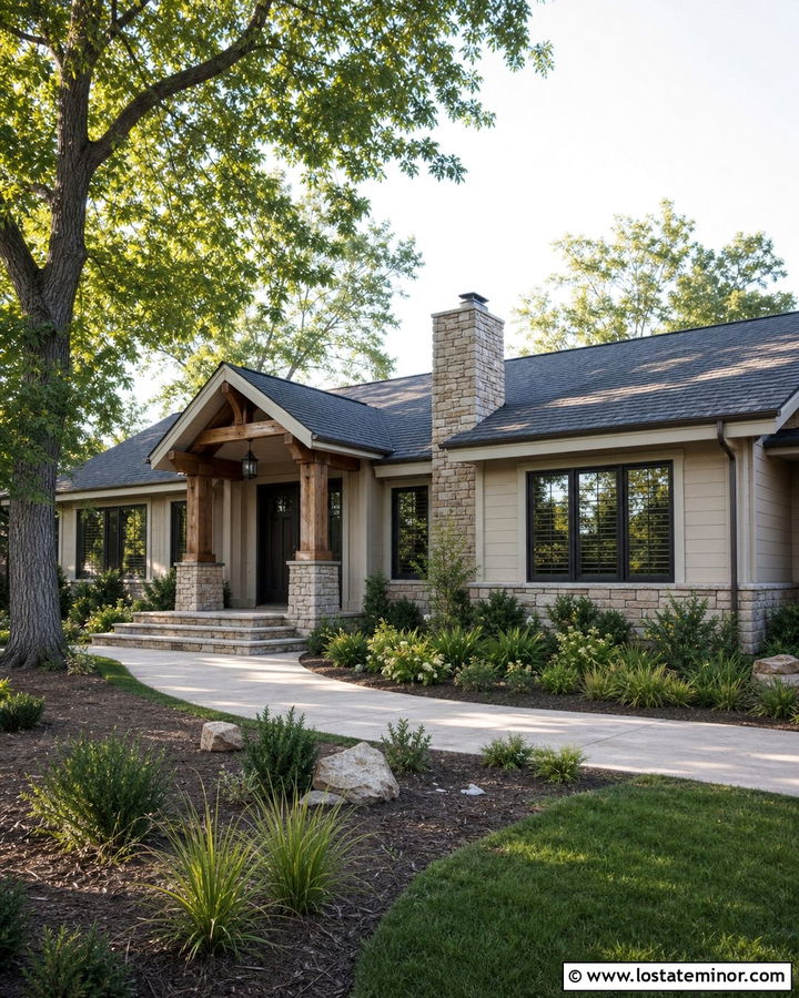Ranch Stone House With Wood Porch Columns - 30 Stone House Design With Porch Columns Ideas